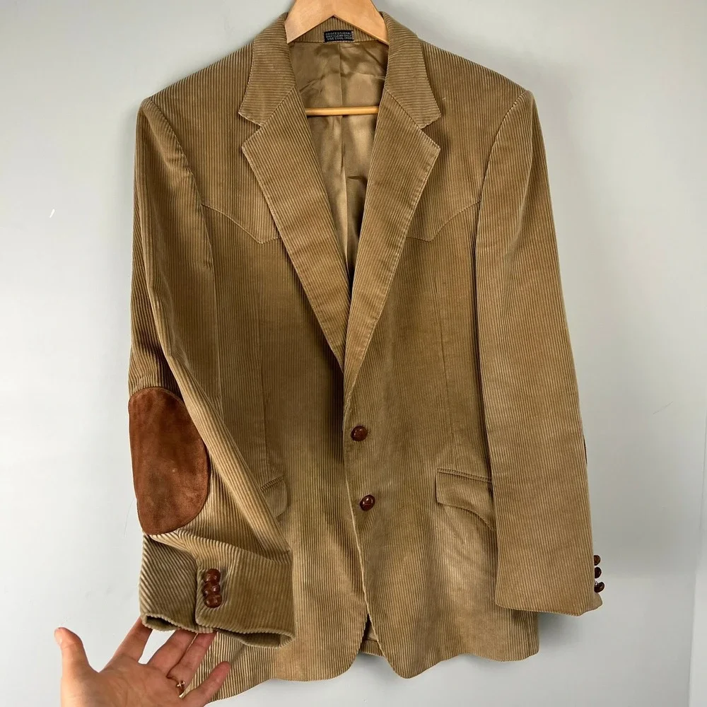 Vtg Tan Corduroy Western Blazer Suede Elbow Patches Tan Camel Sport Coat 44R